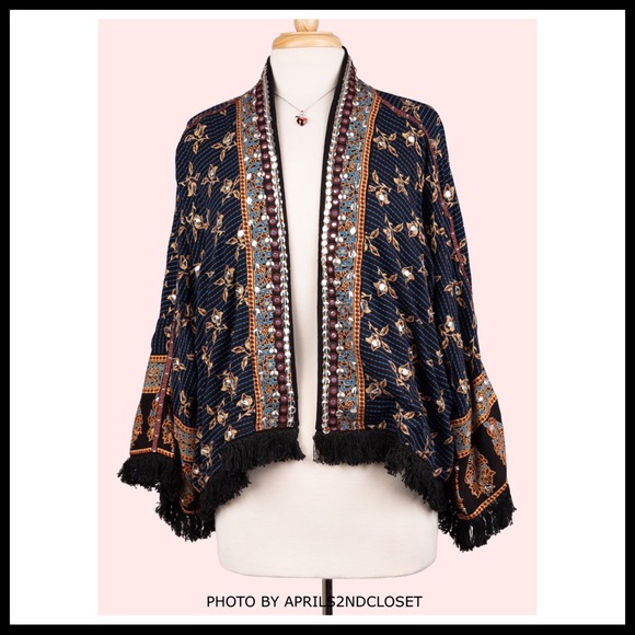 FREE PEOPLE BOHO KIMONO CARDI WRAP CAPE JACKET A2C - Picture 2 of 16